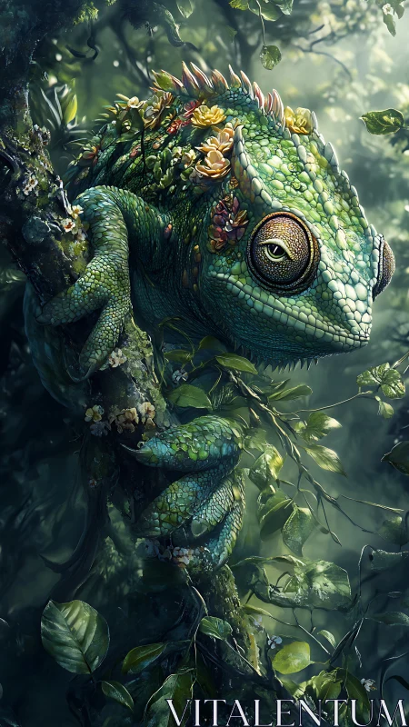 Floral-crowned chameleon coiled in luminous rainforest shade.