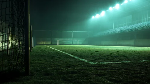 Photorealistic nocturnal football pitch under misted floodlights.