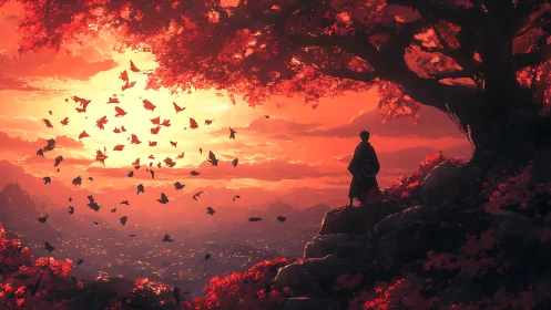 Solitary robed figure overlooking crimson valley at sunset