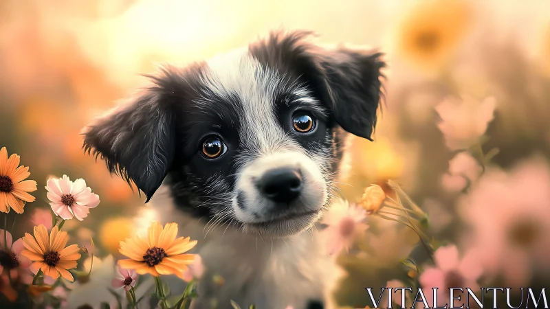 Puppy gazes softly amid glowing wildflower meadow at dusk.