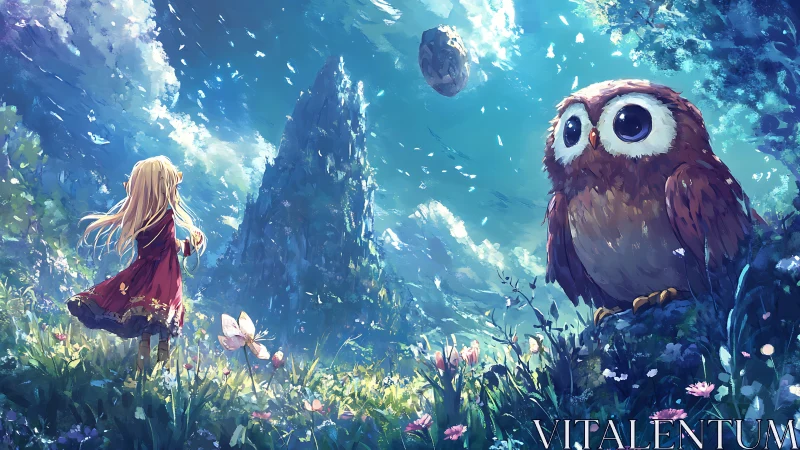 Young girl meets giant owl in a glowing fantasy meadow