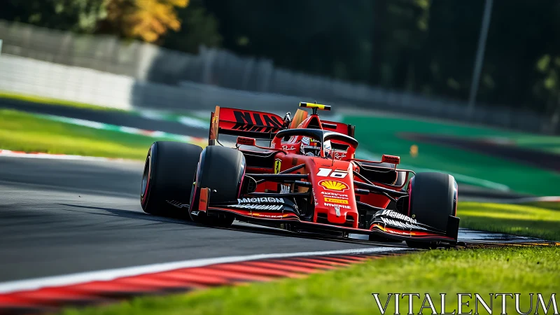 Scarlet Formula 1 car slicing through a sunlit chicane.