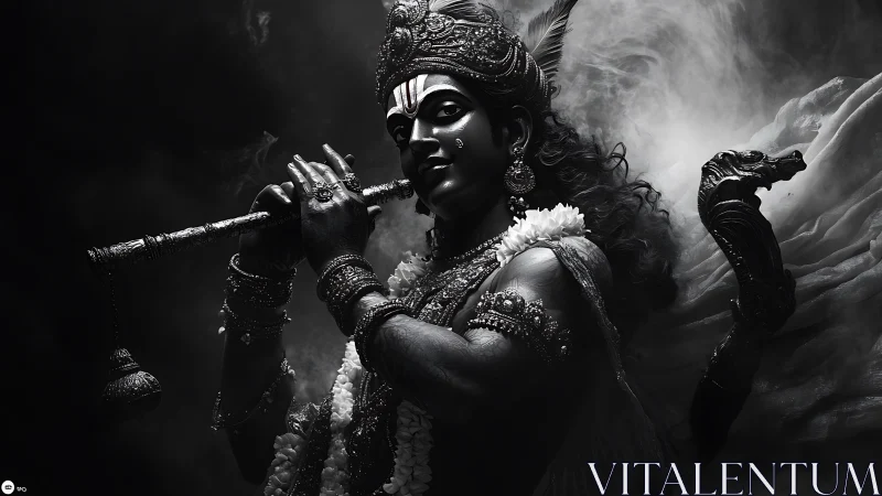 Graceful divine flute player glows in dramatic shadows