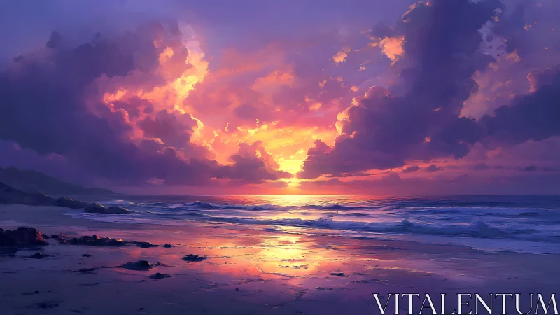 Radiant sunset illuminates cloud-dense shoreline in digital painting