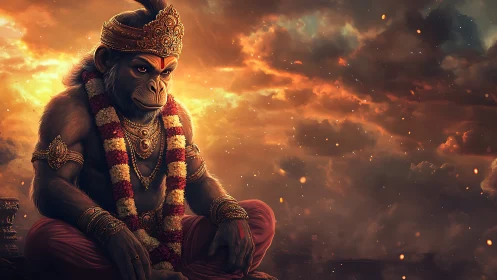 Mythic simian deity in ember-lit atmospheric digital tableau.
