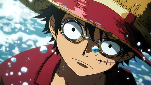 Anime close-up portrait with dynamic water droplet accents.