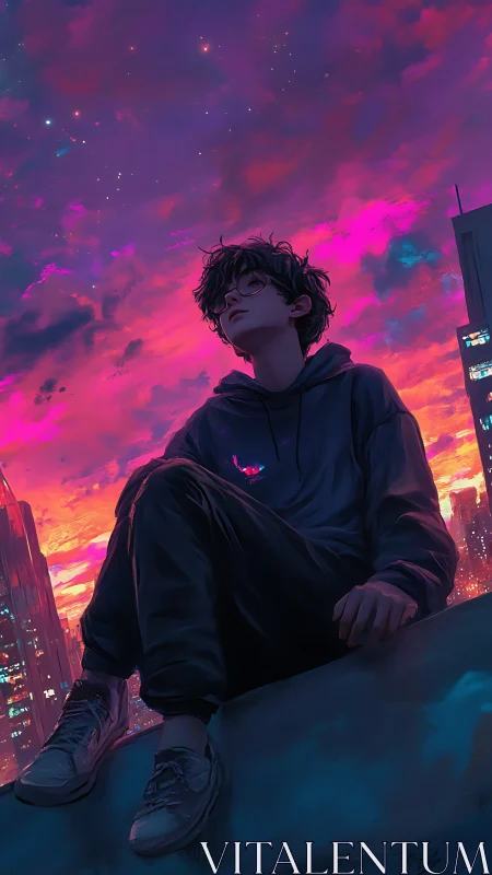 Dreamy rooftop night under neon painted city skies.