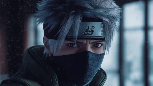 Frost-lit masked ninja with silver hair and burning gaze.