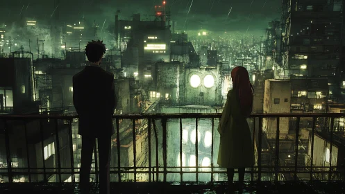 Two distant figures overlook a neon city in cold rain