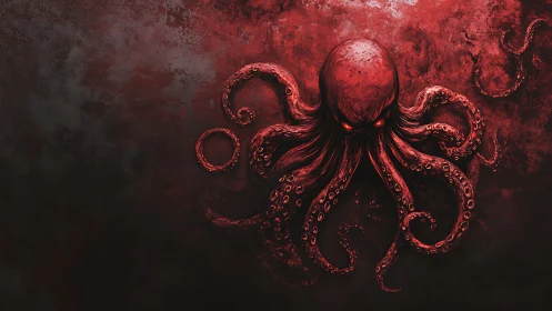 Blood-red eldritch octopus emerges from a shadowed abyssic void