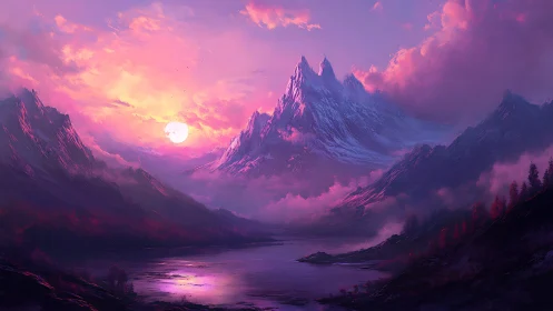 Radiant alpine peaks glow above a tranquil violet valley lake