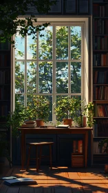 Sunlit library window with desk, books, and green plants.