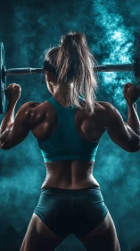 Muscular female athlete holds barbell in dramatic gym lighting