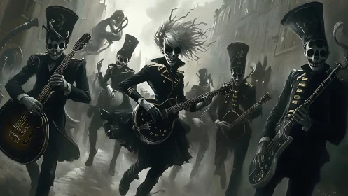 Skeleton marching band storms a haunted city street in rhythm