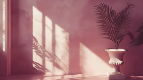 Sunlit palm fronds choreograph soft shadows on rose walls