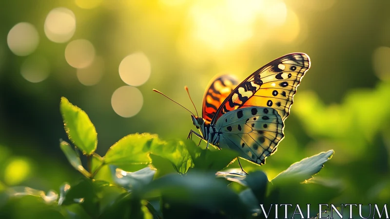 Vivid orange butterfly resting on green leaves at sunset.