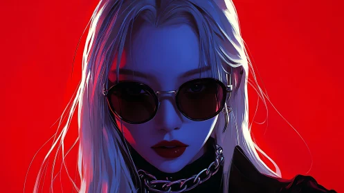 Cyber noir portrait of blue-lit woman in dark shades.