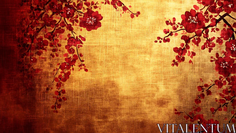 Red floral branches on textured golden background surface.