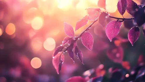 Backlit magenta foliage with dew in shallow bokeh field study.