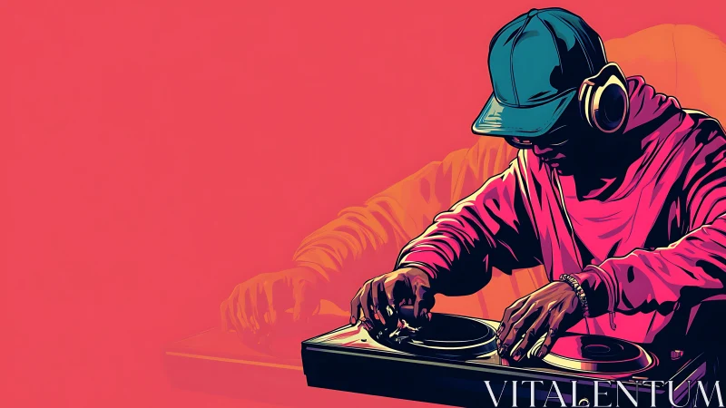 Vector-precision DJ at turntables in neon chromatic contrast.