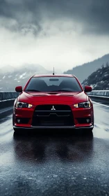 Red Mitsubishi sports car on wet mountain highway at dusk.
