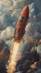 Retro-futuristic red rocket launch over dense steampunk city
