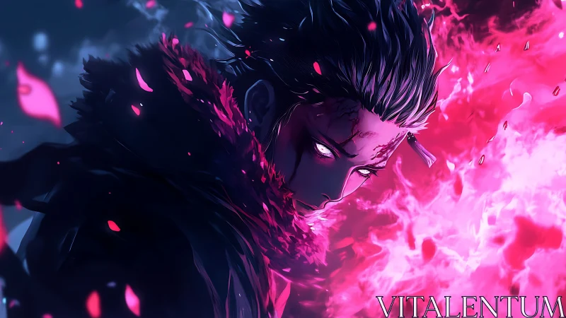 Intense anime warrior stares ahead amid vivid pink flames