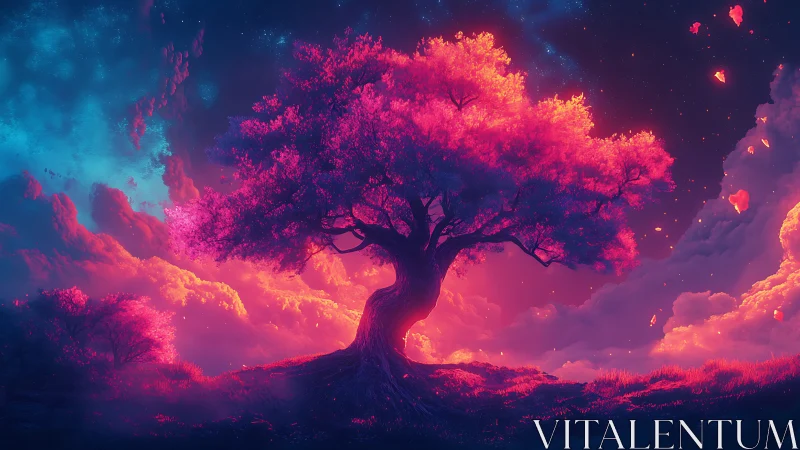 Luminous neon tree glows against surreal twilight sky