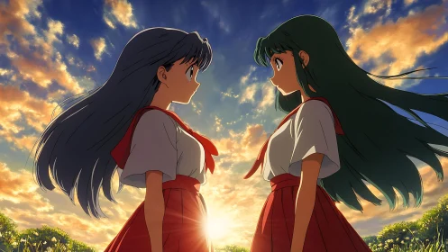 Sunlit anime schoolgirls in symmetrical sunset confrontation