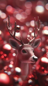 Reindeer sculpture amid glowing red holiday bokeh field.