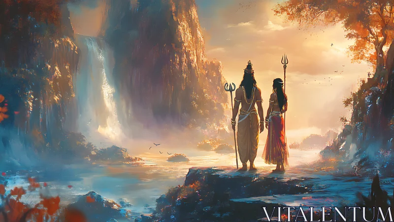 Serene divine couple gaze over glowing waterfall valley
