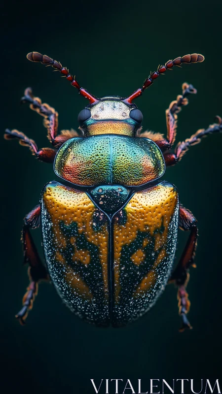 Iridescent beetle in jeweled armor under midnight spotlight.