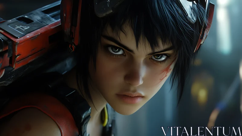 Cyberpunk warrior girl stares forward with steely resolve.