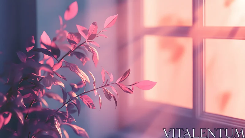 Backlit pink foliage rendered in soft volumetric window light