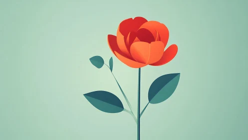 Minimalist vector rose with geometric leaves on teal field