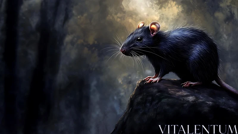 Solitary black rat surveys a misty forest from a rock