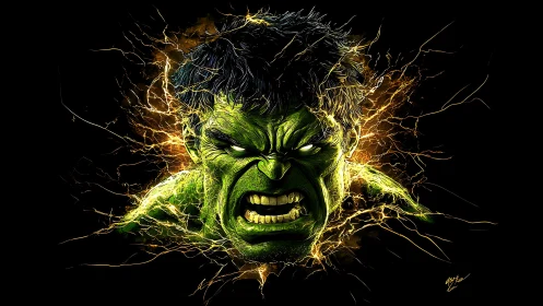 Raging green titan erupts through crackling neon darkness.