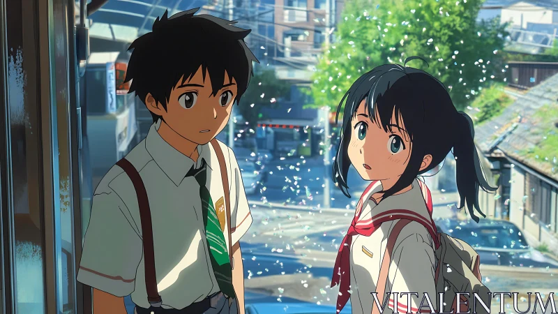 Sunlit schoolyard pause as two anime teens trade silence.