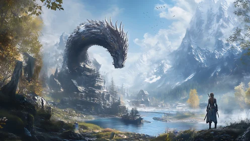 Mountain river confrontation with serpentine rock dragon sentinel.