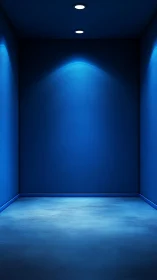 Empty blue interior with ceiling downlights and smooth floor.