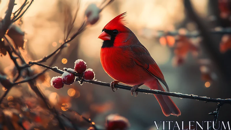 Vibrant red cardinal on snowy branch in soft golden bokeh light.