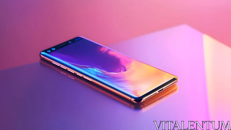 Sleek modern smartphone with glowing display on pastel surface.