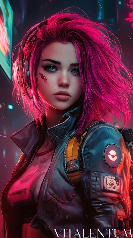 Neon rogue with magenta hair stalking rainlit alleys.
