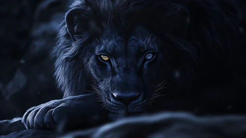 Dark-toned lion portrait with heterochromatic eyes at rest.