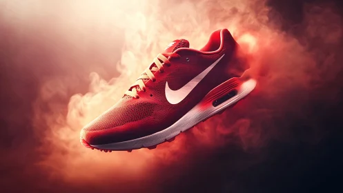 Red athletic sneaker product render on smoky background.
