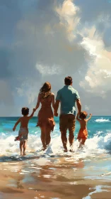 Family walks into sunlit waves beneath expansive sky.