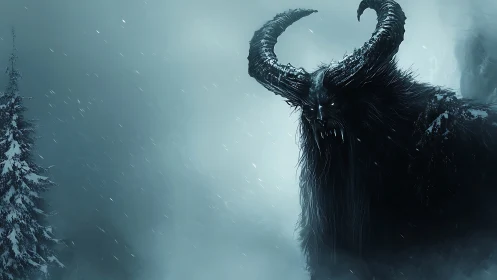 Horned alpine demon emerging through vector snowfield storm.