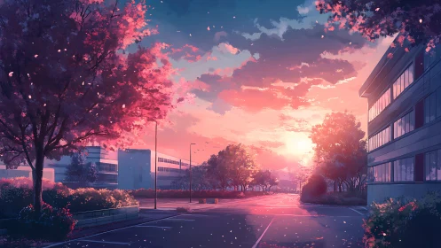 Sunlit campus street under pastel cherry blossoms at dusk.