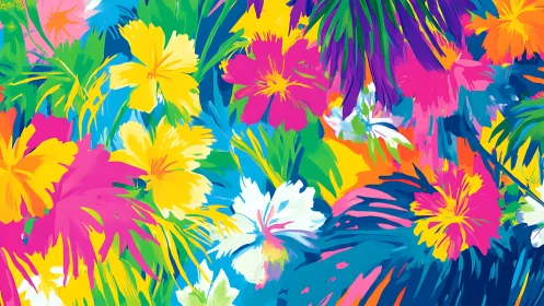 Chromatic tropical florals under high-saturation digital light.