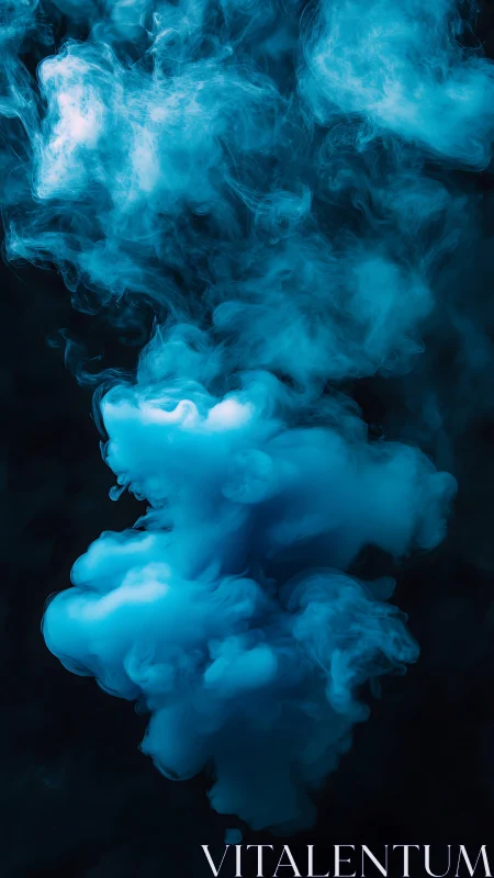 Cyan ink cloud curls through dark water in vertical frame.